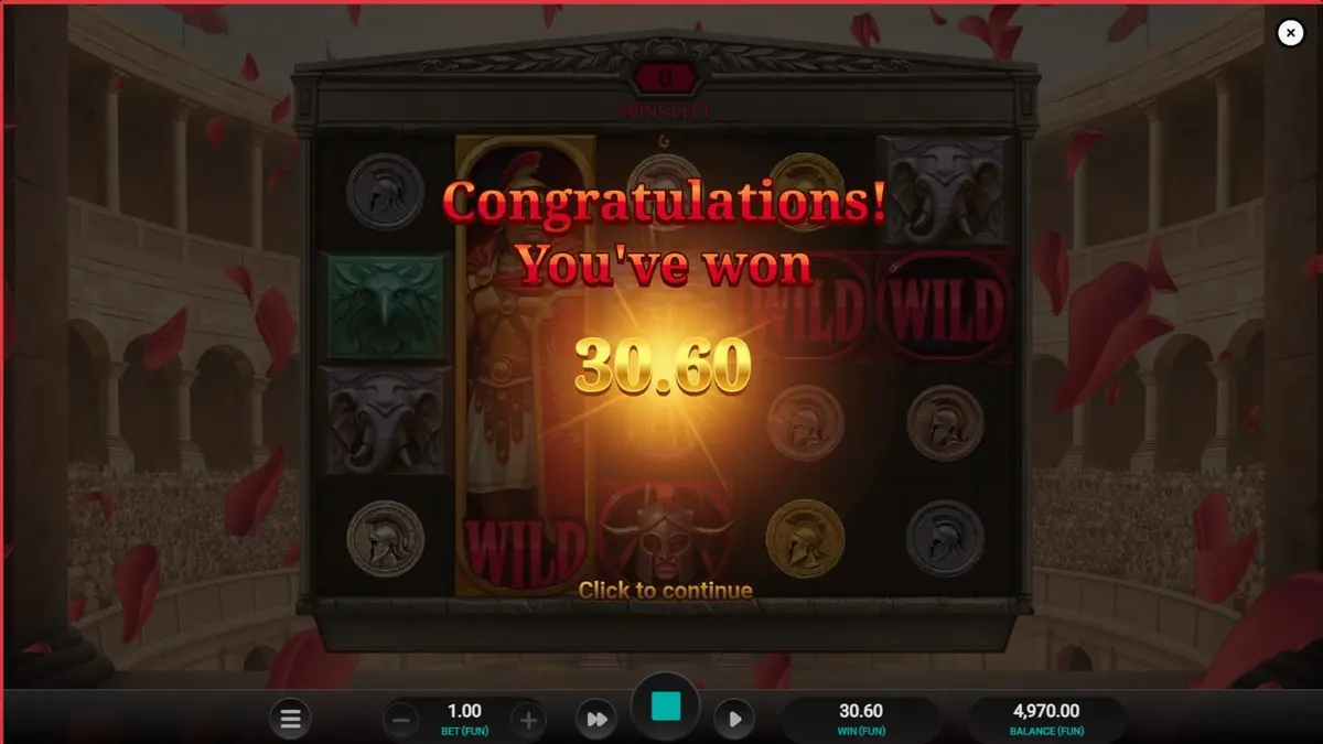 Arena of Fortune slot machine interface na may temang gladiator