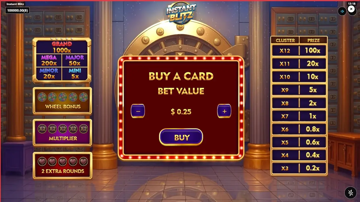 Isang futuristic na vault door na may neon lights at gold bars sa background ng Instant Blitz slot.