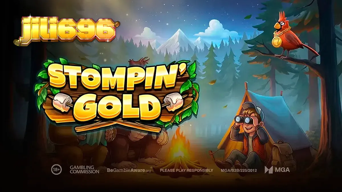 Stompin' Gold slot game characters Jack Tracker, Biggie, and Boogie in a forest setting.